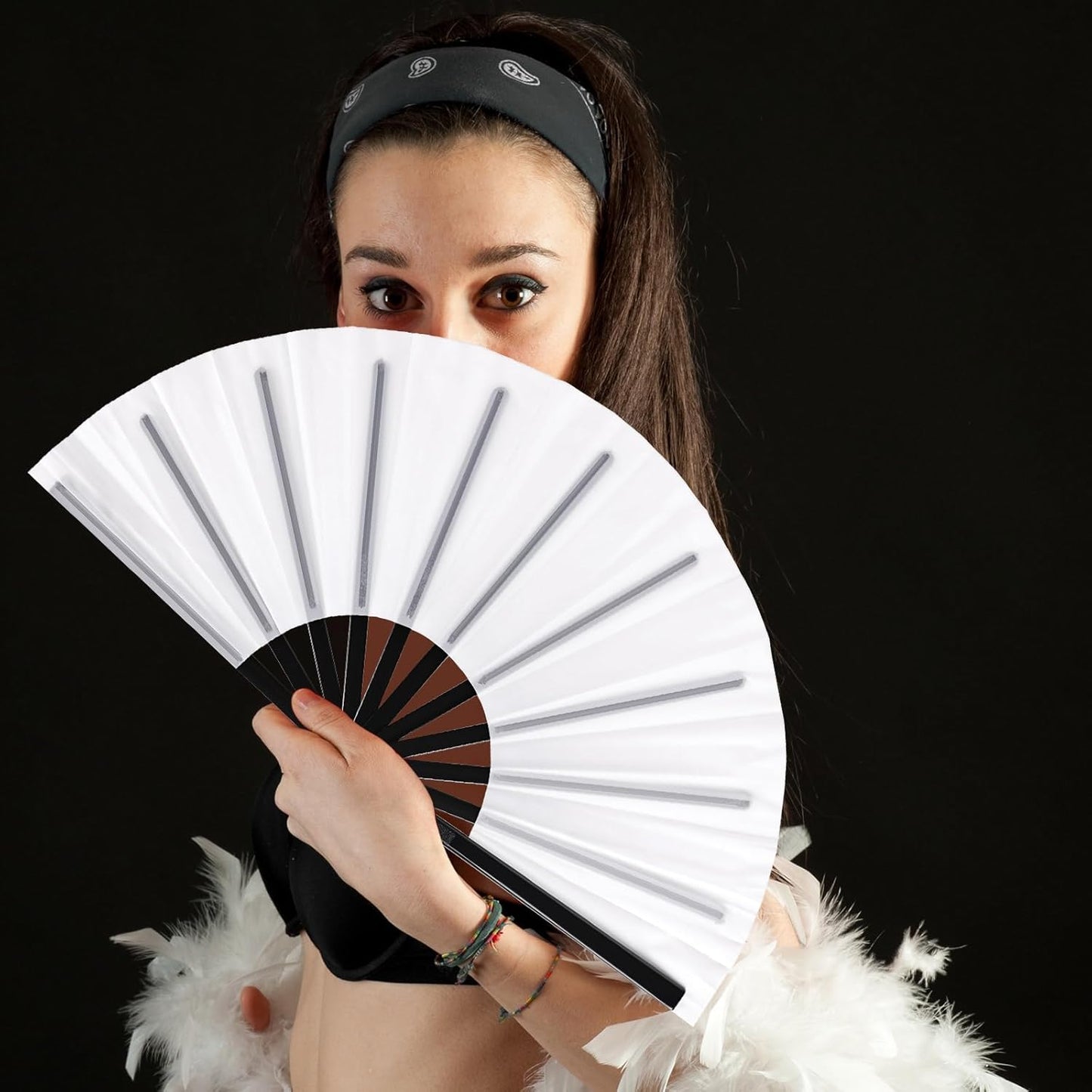 Blulu 4 Pcs 13 Inch Large Folding Hand Fans for Line Dancing Big Clapping Popping Raves Fans Bulk for Dancing Boots on The Ground Festival Party Decoration(Classic Style, White)