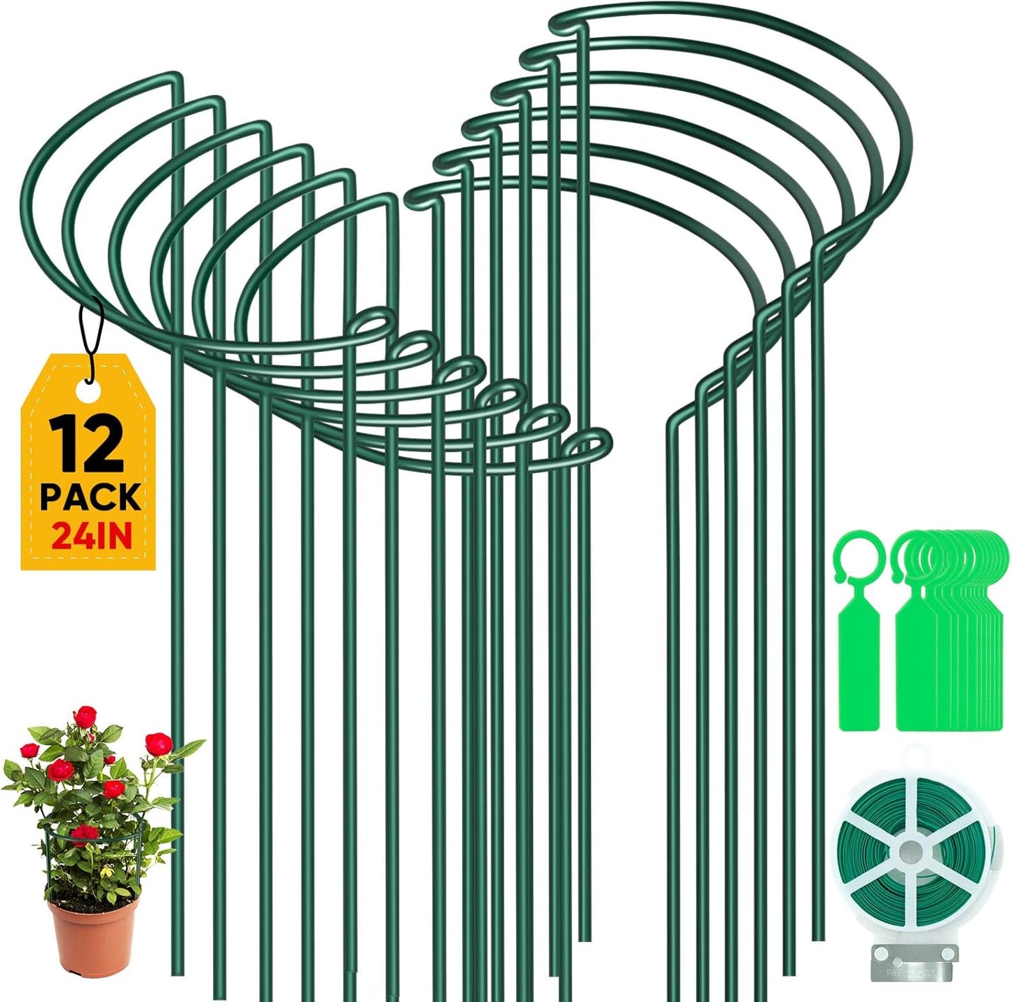 12 Pack Plant Support Stakes, Peony Cages and Supports Large 10" Wide x 24" High Tall Peony Ring Supports, Garden Plant Stakes for Outdoor Plants Rose, Tomato, Hydrangea, Flowers
