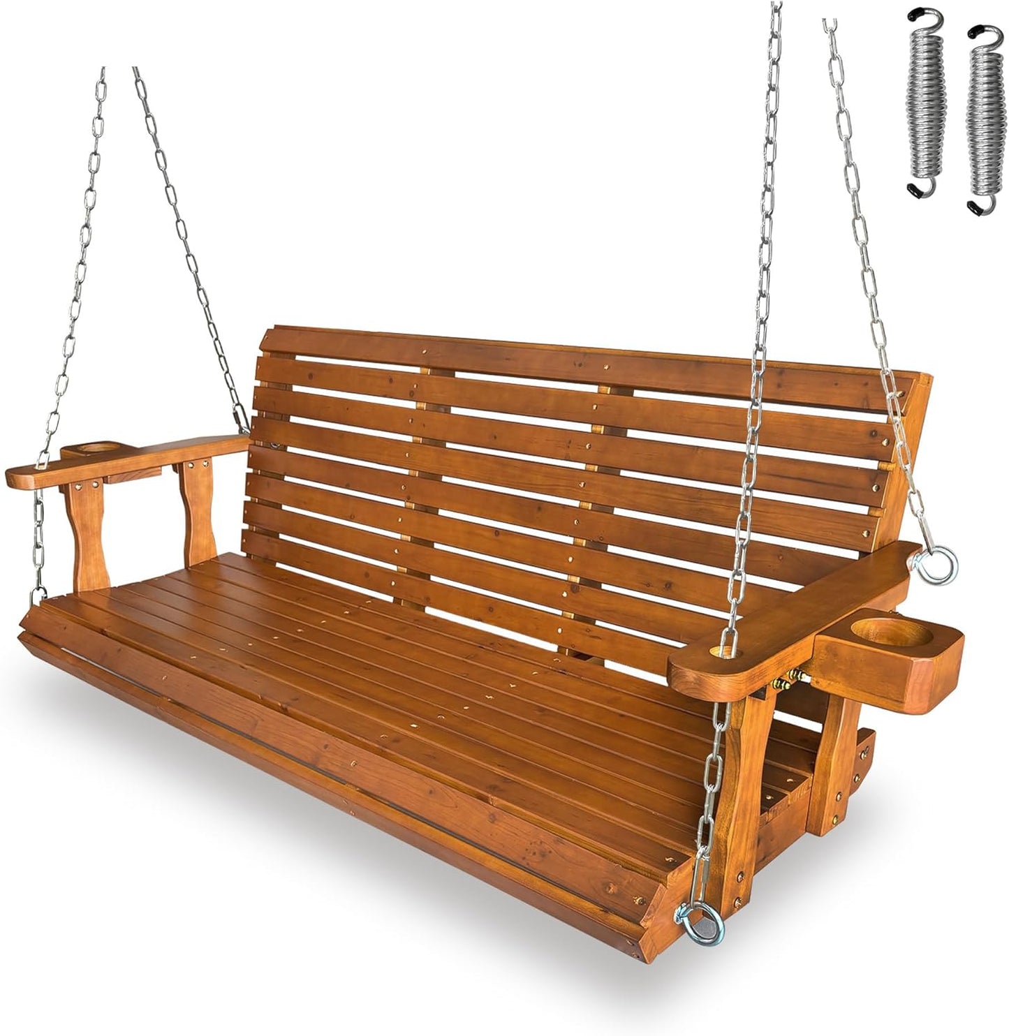 Wooden Porch Swing 2-Seater, Bench Swing with Cupholders, Hanging Chains and 7mm Springs, Heavy Duty 800 LBS, for Outdoor Patio Garden (Warm Teak Color, 5 FT Extra Large)