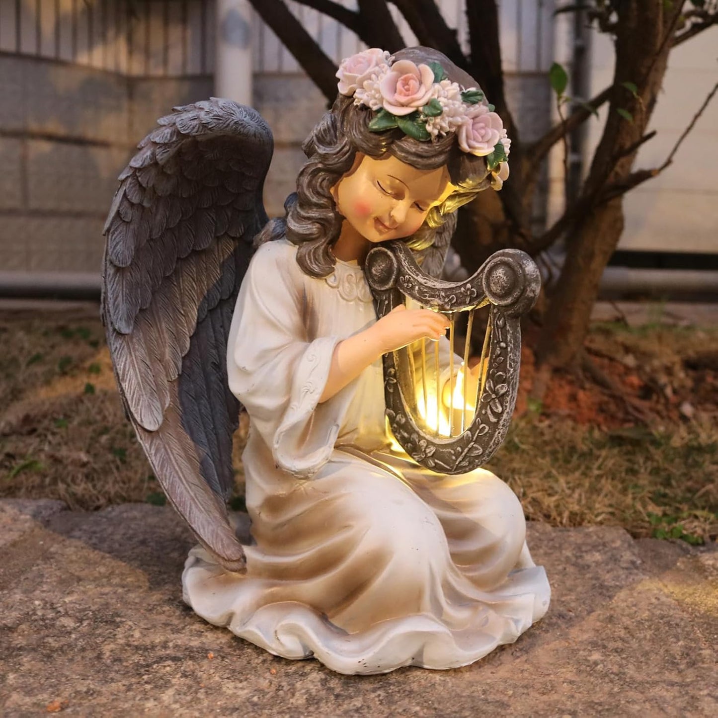 Garden Angel Decor Solar Angels Statues for Garden Waterproof Angel Sculpture Playing The Harp Solar Angels for Yard Patio Gardening Gift