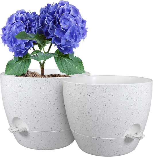 10 inch Self Watering Pots, Planter, Plant Pots with Mesh Drainage Holes for Indoor Outdoor House Plants and Garden, Set of 2 Plastic Flower Pots with Deep Reservoir, Speckled White