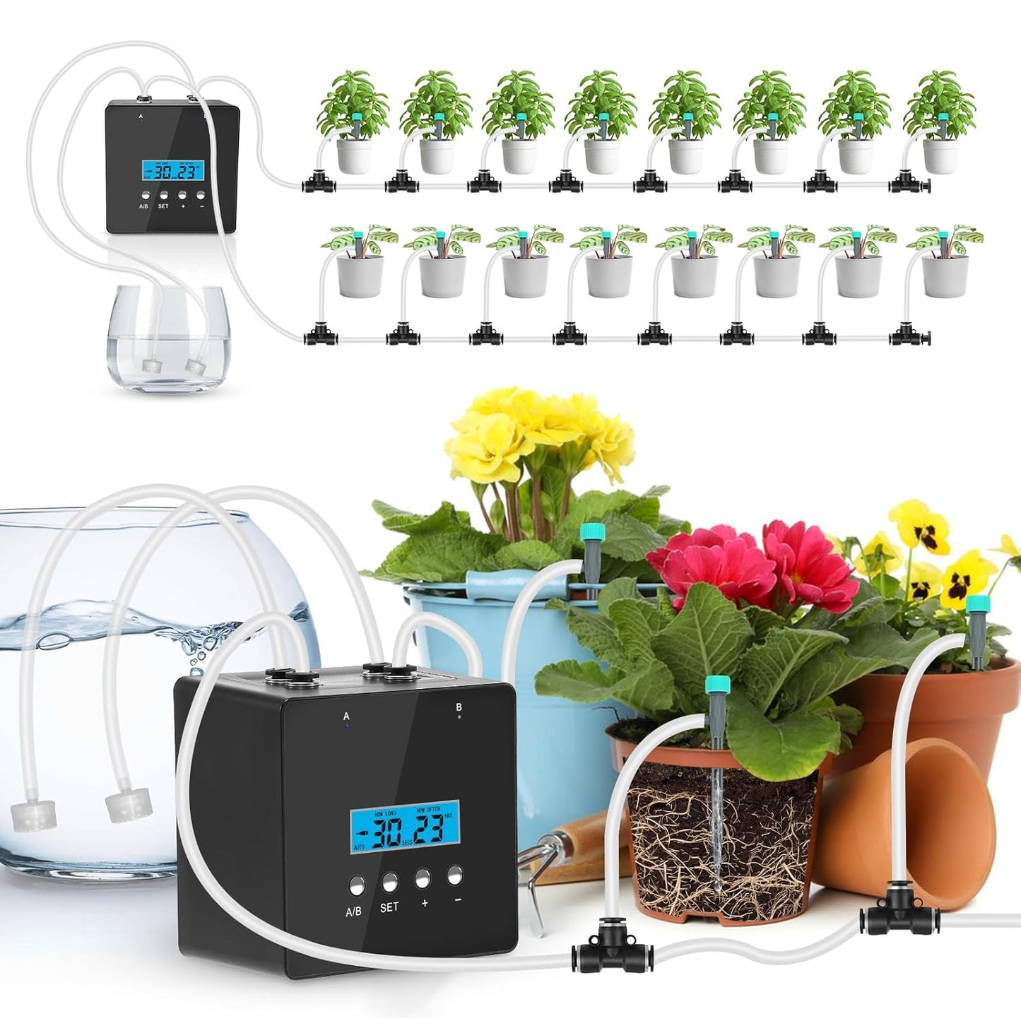 Automatic Watering System for Potted Plants | Indoor Plant Waterer with 30-Day Timer, Dual Self-Priming Pumps, Drip Irrigation Kit for 20 Plants