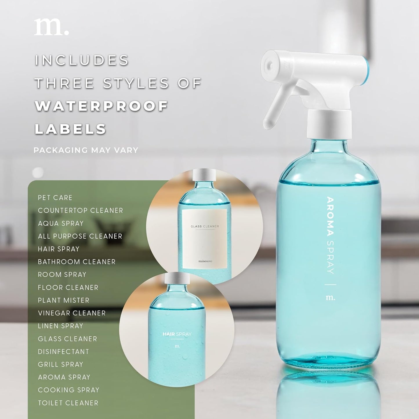 MaisoNovo Spray Bottle for Plants - 16.9 fl oz Blue x 2 with 16 Labels