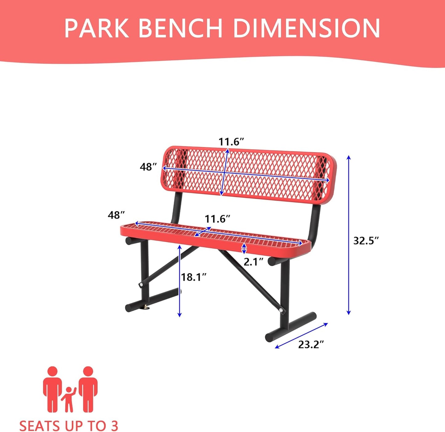 4/6/8 Feet Park Bench for Outside Heavy Duty Metal, Garden Benches Outdoor Bench with Backrest & Portable Frame, for Shopping Malls Stores Parks Patios Decks, Red