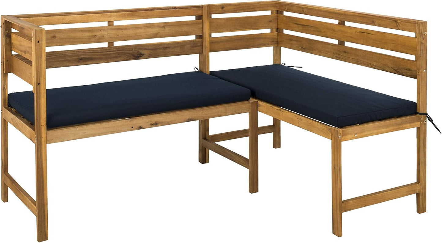 SAFAVIEH PAT6754A Collection Wilton Teak and Navy Balcony Corner Lounge Outdoor Set