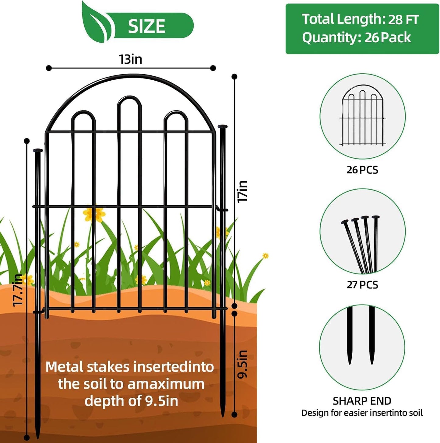 26 Pack Decorative Garden Fence, 17in x 28ft Arched No Dig Animal Barrier Fence for Dog Rabbit, Garden Edging Border, Rustproof Metal Ground Stake Border for Outdoor Yard Patio Decor