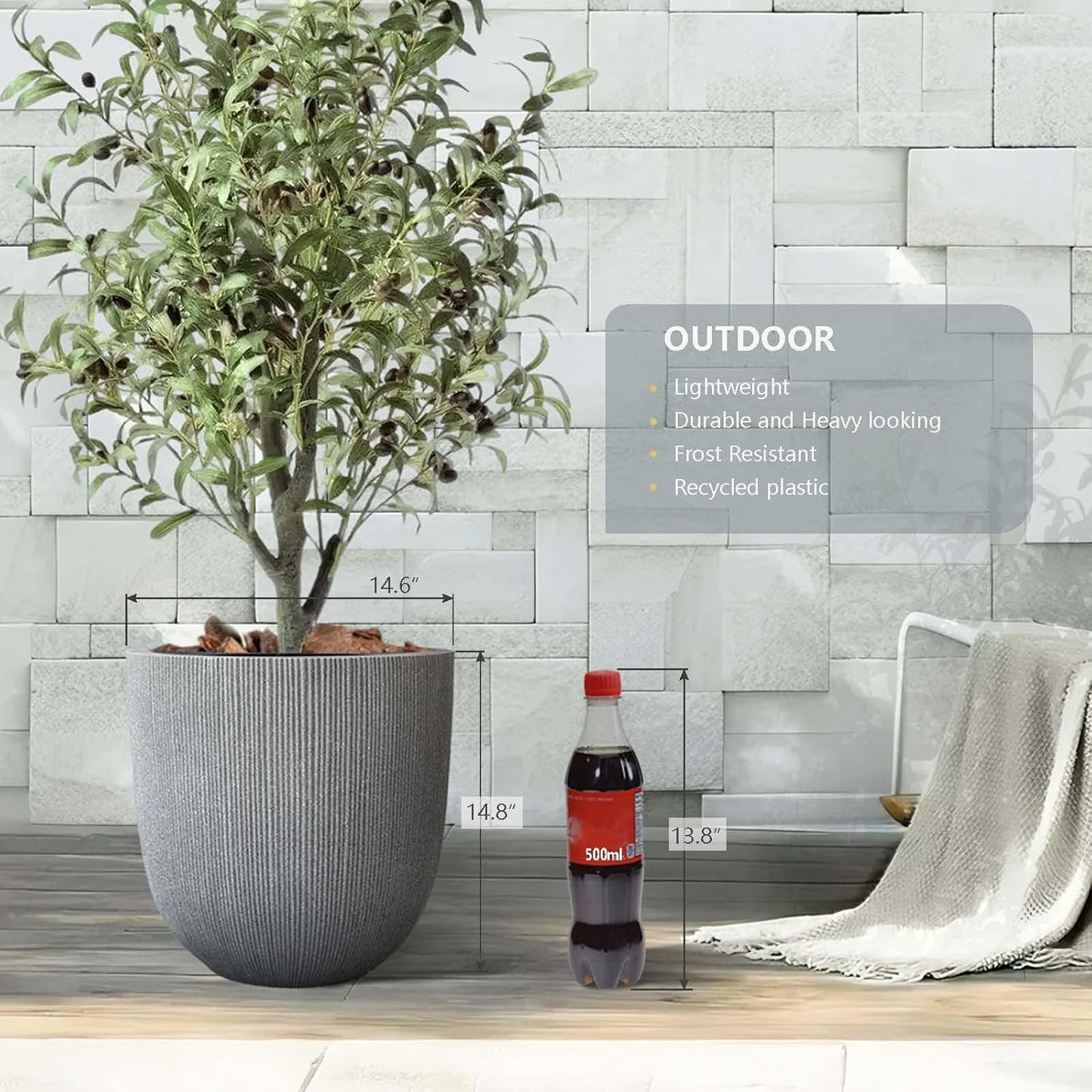 14.8" Tall Round Plastic Planter for Indoor Outdoor Plants, Large Indoor Outdoor Plant Pots with Drainage Hole and Plug, Flower Pots for Plants, Modern Decorative Planter Pots for Home Garden Patio