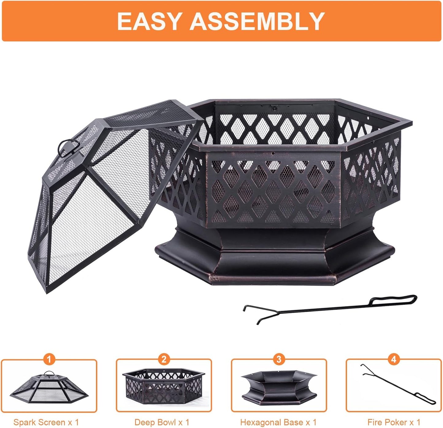 33 Inch Outdoor Fire Pit, Hexagon Shaped Wood Burning Firepit for Outside Bonfire, Patio, Backyard and Camping (Antique Bronze)