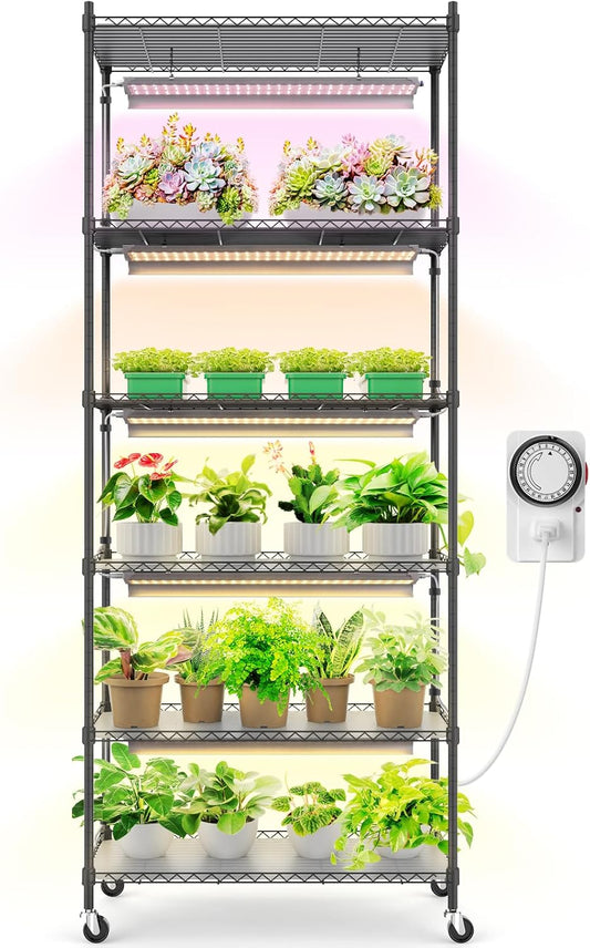 Barrina CX2 Plant Stand with Grow Lights for Indoor Plants, 6-Tier Metal Plant Shelf Display Rack with 2FT 30W Per Full Spectrum Plant Light, 3 Adjustable Spectrum, Timer, for Growing, 29.5x13.8x71IN