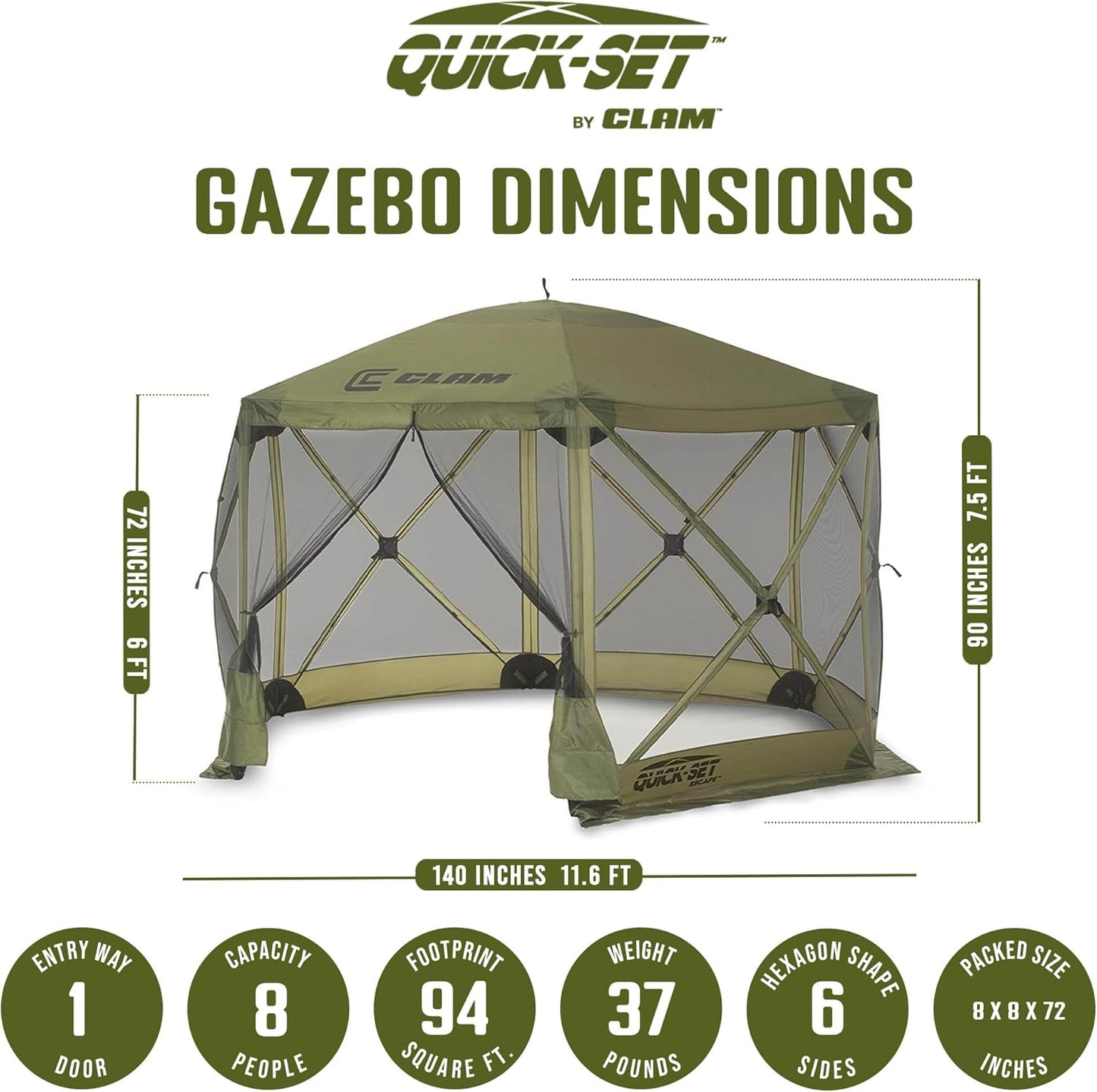 CLAM Pop Up Screen Tent, Outdoor Camping Gazebo Canopy, Escape, 11.5', Green - Heavy-Duty Portable Screened Shelter with Netting for Beach, Patio, and Backyard