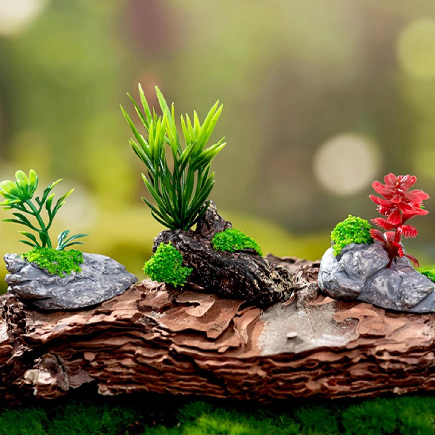 Miniature Fake Stone Rocks, Trees with Plants - 7 Piece Decorative Landscape Ornaments for Train Railway Sand Table Fairy Garden Accessories