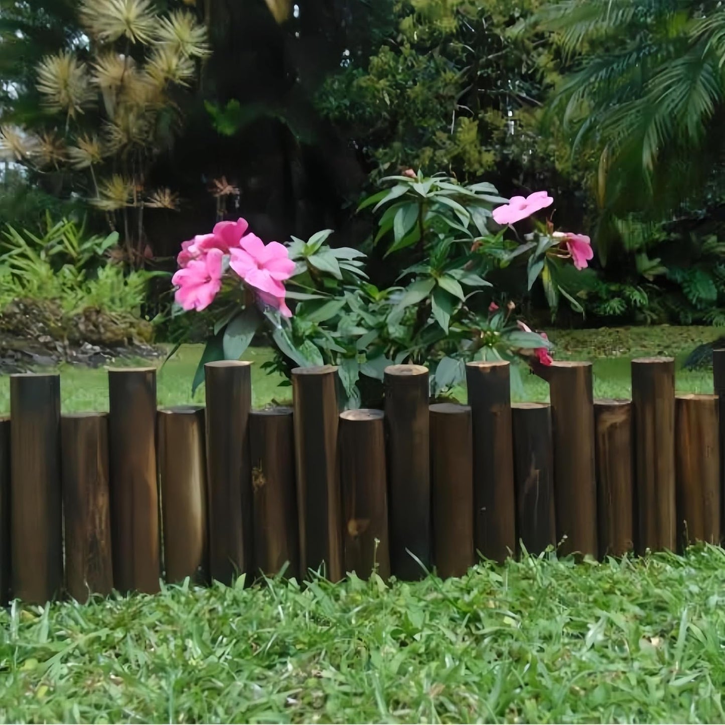 Wood Garden Edging, Natural Wooden Solid Log Fence Border Decorative for Flower Bed Barriers and Landscape Fencing, 11.8 in H x 3.0 ft L, 1.9 in Diameter (4PACK)