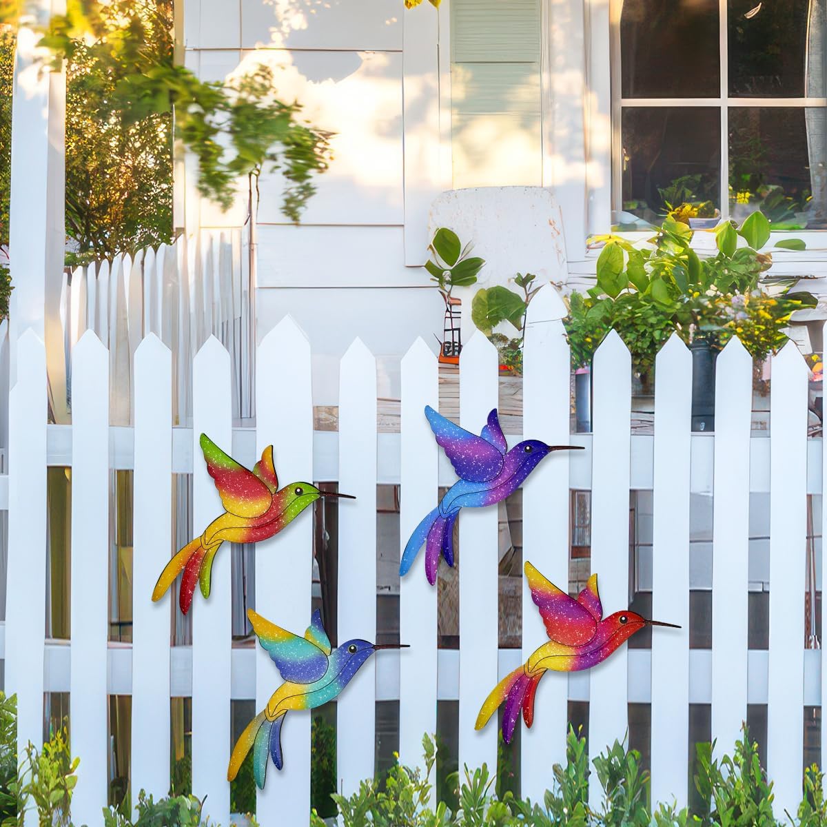Metal Hummingbird Wall Decor,Outdoor Fence Birds Art Decoration,Hanging Decorations for Garden,Yard,Patio Balcony,Great Gifts for Family Friends(4 Pack)