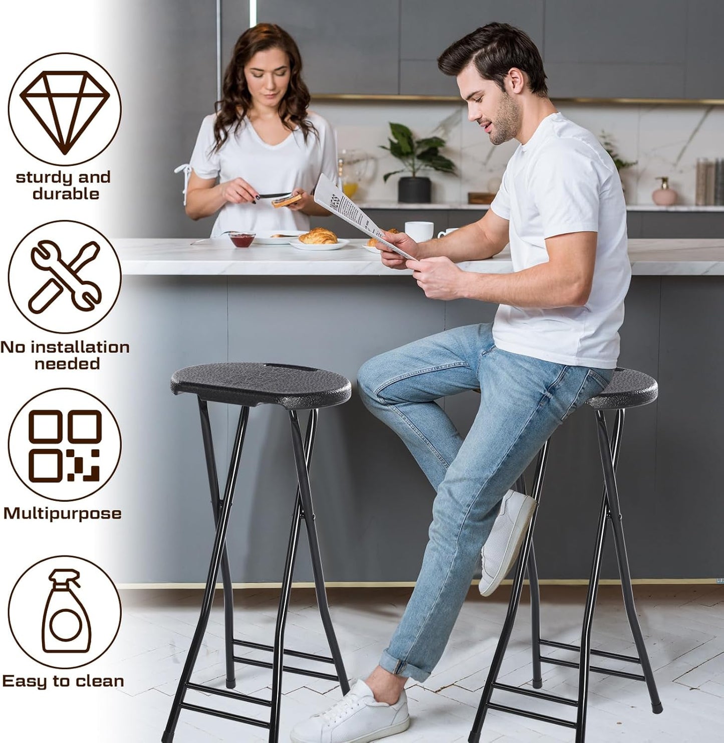 Suzile 1 Pc Tall Folding Chair Portable Plastic Stool Chair Heavy Duty Foldable Bar Stools with Handle for Adults Kitchen Counter Room Home Camping Indoor Outdoor, 300lbs Capacity (27 Inch)