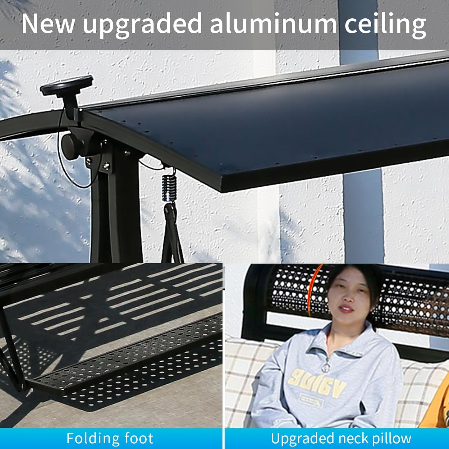 2/3-Seat Outdoor Patio Porch Swing with Adjustable Aluminum Alloy Canopy Solar Patio Swing Chair Bench with Footrest Side Cup Holder for Backyard Lawn (A-Aluminum Mesh Red Copper-3 Seat)