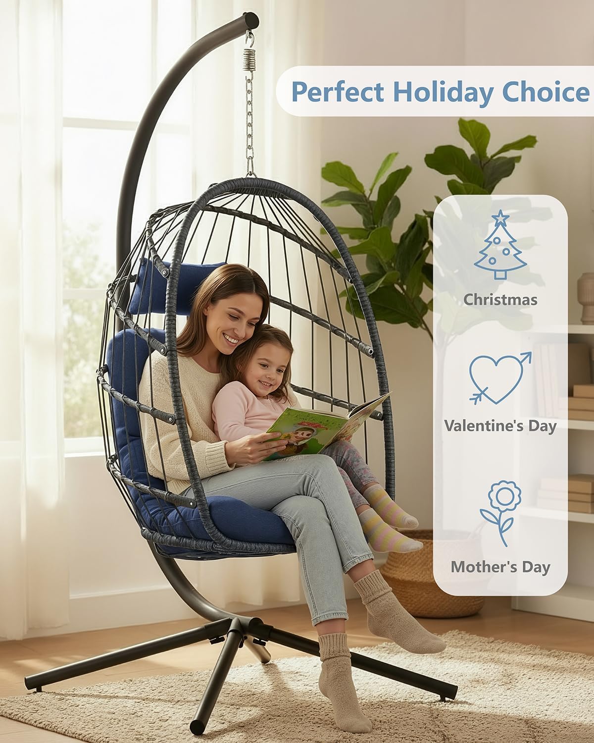SWITTE Egg Chair Outdoor with Stand, Indoor Wicker Hanging Egg Swing Chair with Cushion, 350lbs Capacity for Patio, Bedroom, Garden - Dark Blue
