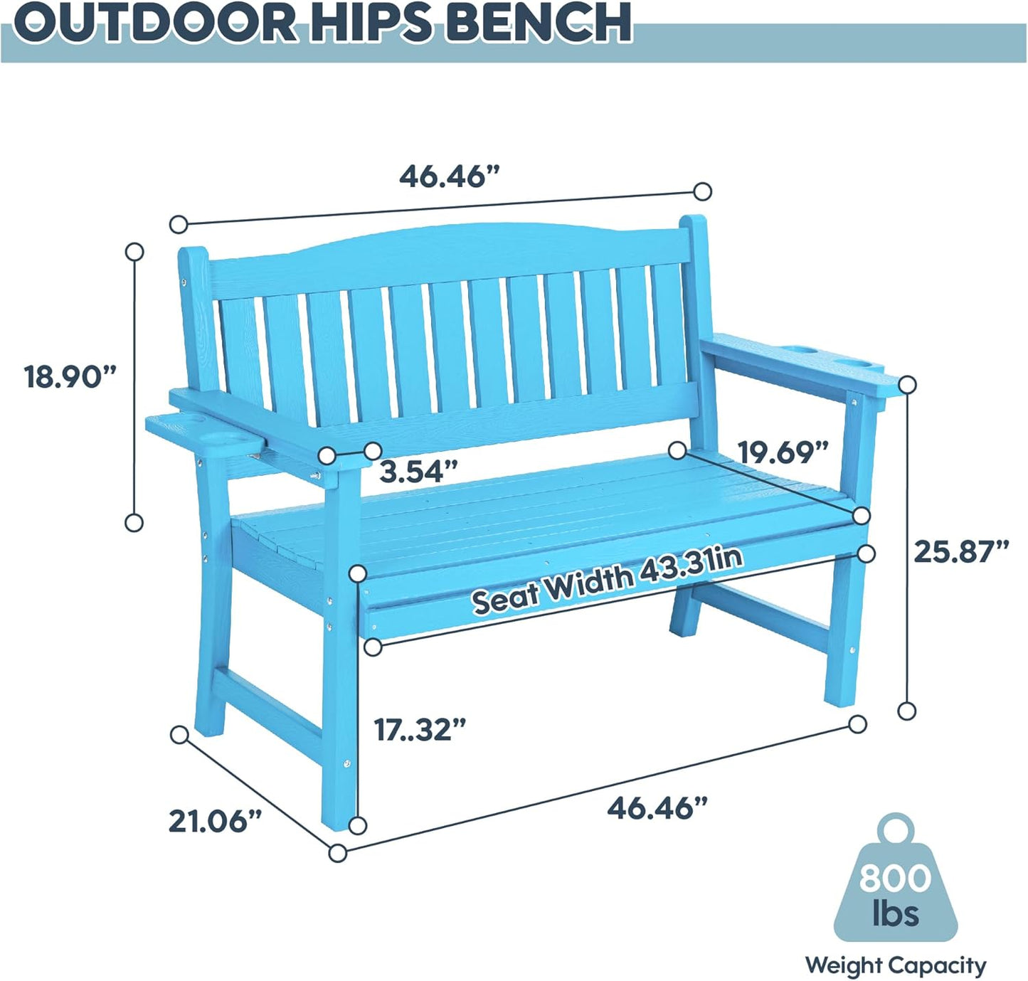 2-Person HIPS Outdoor Bench, Weatherproof Garden Bench with 800 lbs Weight Capacity, Artificial Wood Grains, Never Rot or Fade, Patio Benches for Garden, Porch, Balcony, Backyard,Park, Blue