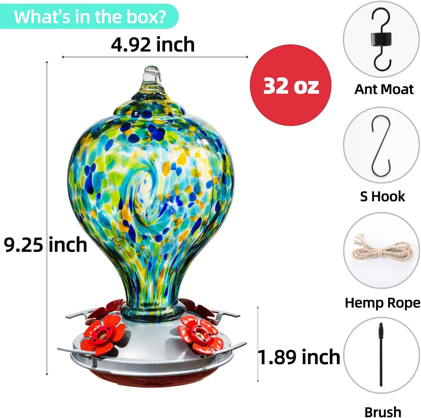 Hummingbird Feeders for Outdoors Hanging, 32OZ Hand Blown Glass Hummingbird Feeder for Outside, 4 Perch Ant Moat Leakproof, Garden Decor, Backyard Bird Gifts for Mom (Blue)