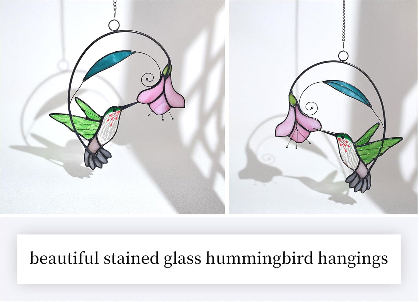 Lolitarcrafts Stained Glass Hummingbird Window Hangings with Flowers, Bird Stained Glass Suncatcher for Window Decor Hummingbird Gifts for Mom,Bird Lovers (Green with Flower A)