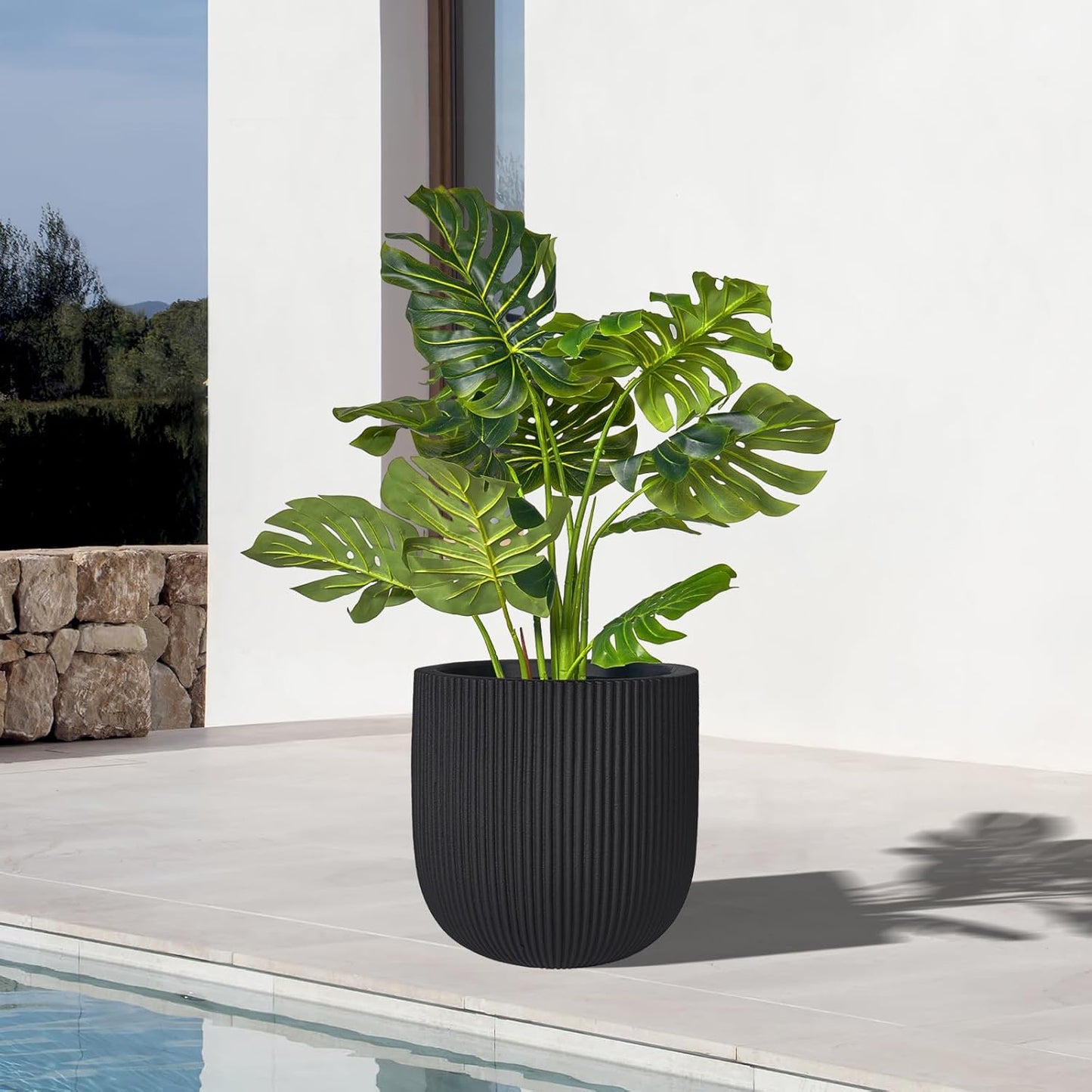 16 Inch Handmade Concrete Outdoor Planter - Classic Striped Design | Fiberglass & Composite Material | Durable for Commercial & Home Decor