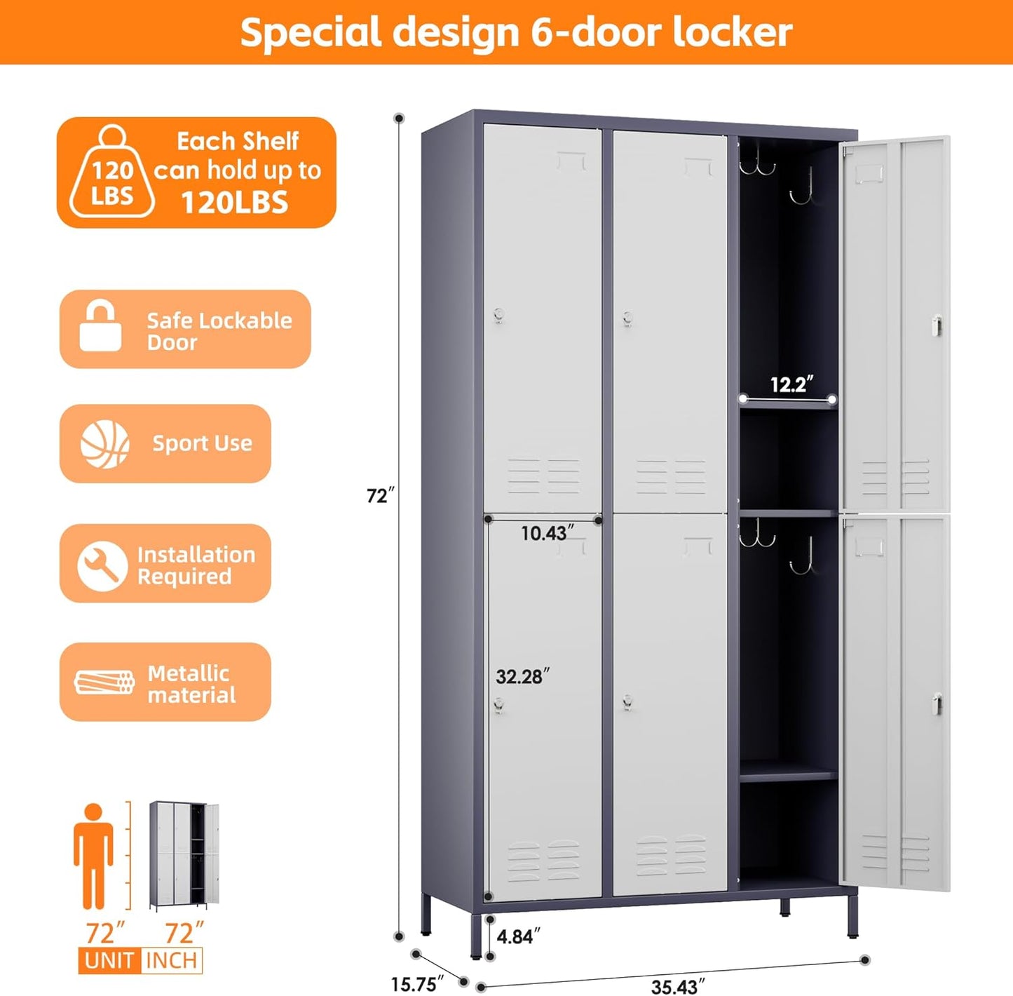 METAN Metal Locker for School Office Gym Bedroom,6 Doors Steel Storage Lockers Cabinet for Employees,Industrial Storage with 1 Shelf,Assembly Required,Gray White
