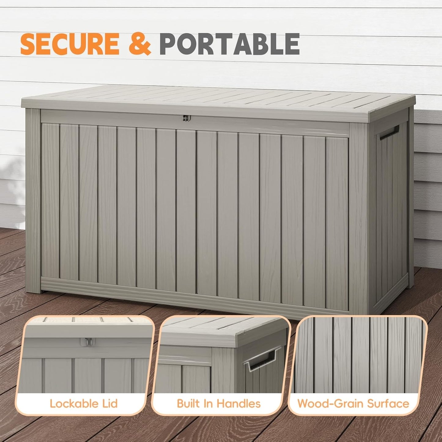 Outdoor Storage Box, 180 Gallon Waterproof Resin Deck Box, Storage Bin for Package Delivery, Patio Furniture Cushion, Garden Tools, Pool Accessories, Weatherproof and UV Resistant, Grey