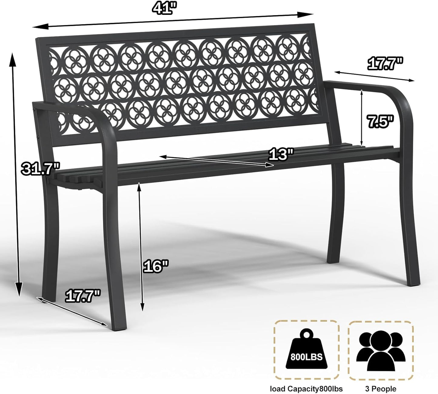 44" Heavy Duty Outdoor Bench, Wrought Iron Weatherproof Garden Bench Black Metal Patio Bench for Park Proch Yard 880lbs