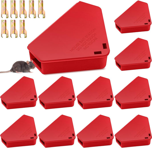 Qualirey 12 Pcs Mice Station with Key Triangle Bait Station Reusable Rodent Trap Bait Box, Keeps Children and Pets Safe Indoor & Outdoor, Bait Not Included, Suitable for Small Mice (Red)