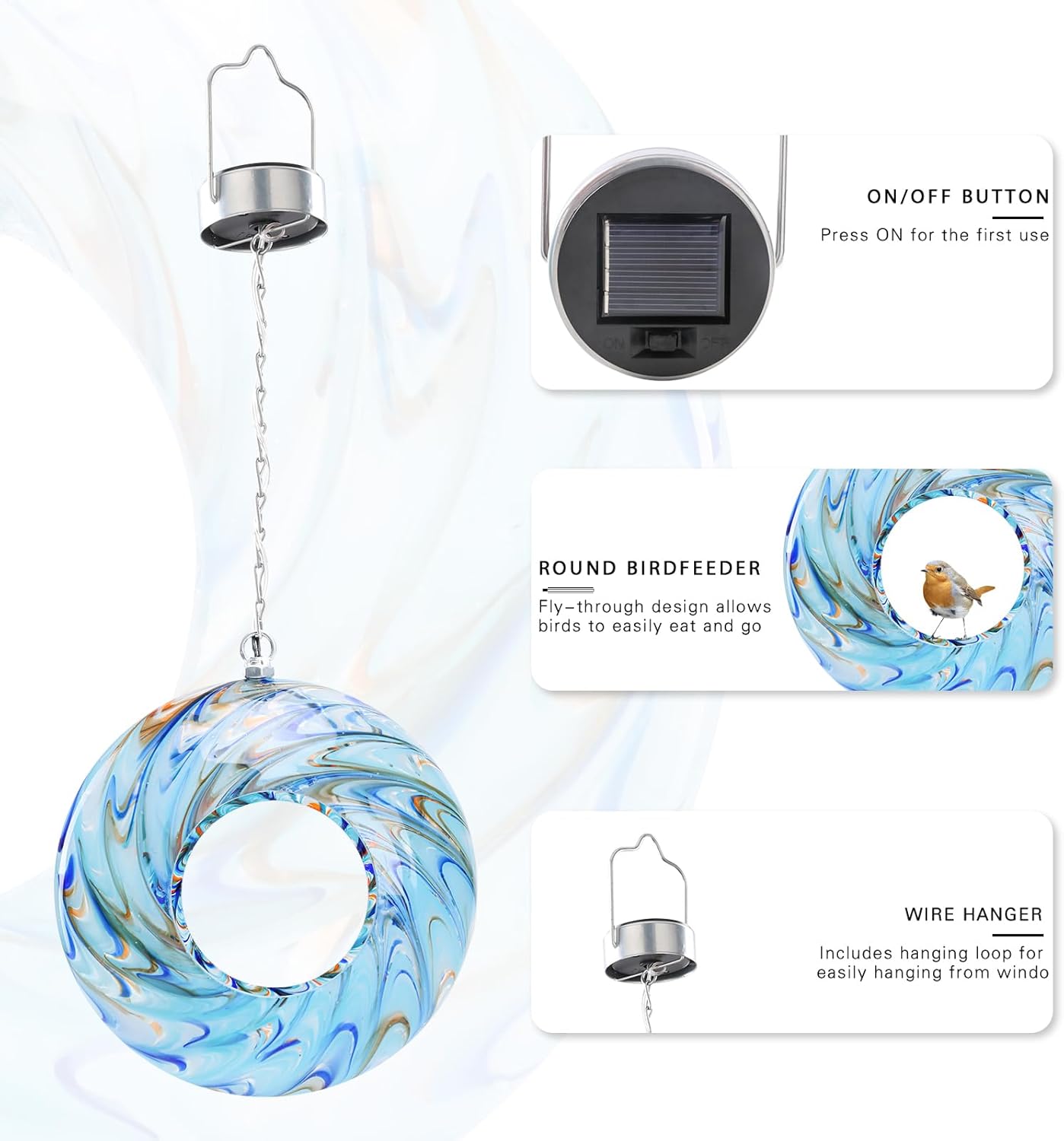 VCUTEKA Bird Feeder Solar Fly Through Bird Feeders for Outside Hanging with Round Shape Glass Container to Attract Wild Birds for Garden Decor, Solar Birdfeeder as Gift for Lovers, Light Blue 8-Inch