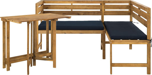 SAFAVIEH PAT6754A Collection Wilton Teak and Navy Balcony Corner Lounge Outdoor Set