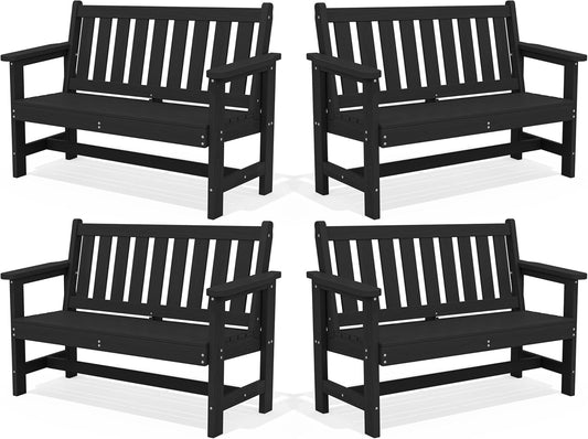 SERWALL Outdoor Bench, HDPE Outdoor Benches Weatherproof, 2-Person Garden Bench with 660 lbs Weight Capacity, Patio Benches for Outdoors, Garden, Porch, Backyard and Park, Black, 4 Pack