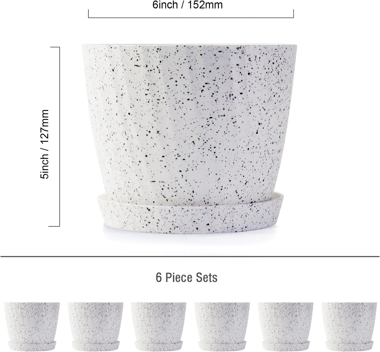 6 Inch Plant Pots Bulk, 6 Pack Plastic Planters with Drainage Holes and Saucers for Indoor Outdoor House Plants and Flowers,White Spots