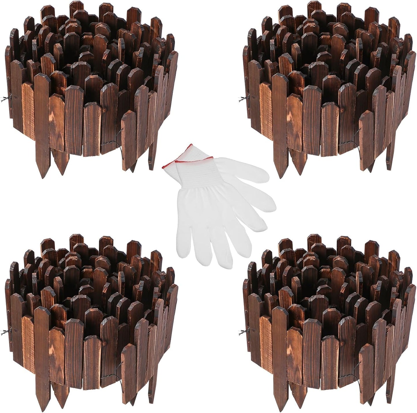 Soaoo 4 Pack Wood Garden Edging Border Outdoor Landscape Edging Flexible Decorative Garden Fence Border with White Gloves for Lawn Yard Tree Flower Bed Pathway (Brown)