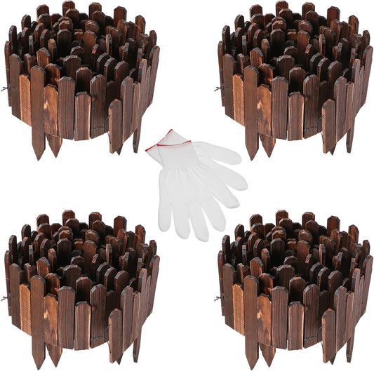 Soaoo 4 Pack Wood Garden Edging Border Outdoor Landscape Edging Flexible Decorative Garden Fence Border with White Gloves for Lawn Yard Tree Flower Bed Pathway (Brown)