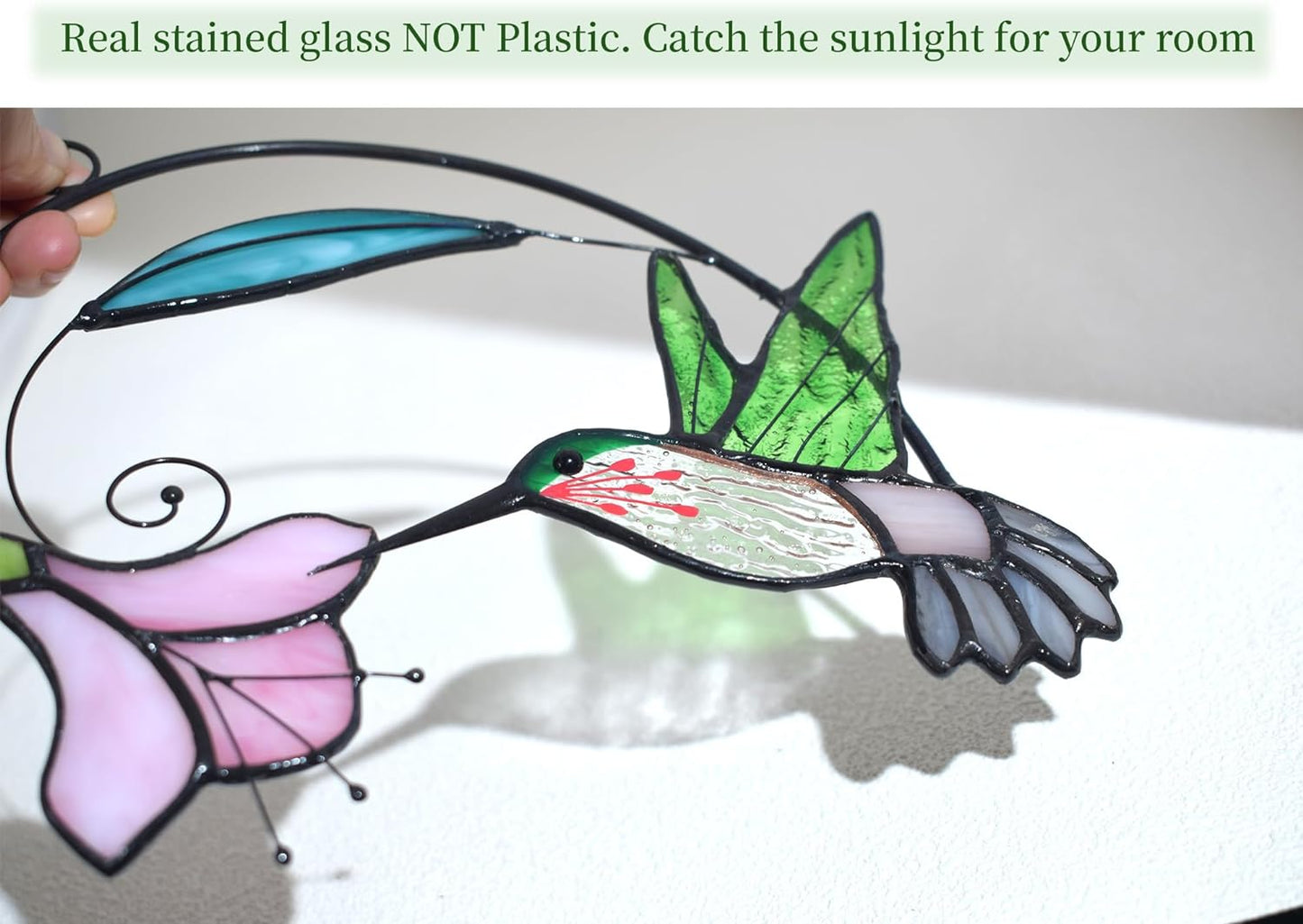 Lolitarcrafts Stained Glass Hummingbird Window Hangings with Flowers, Bird Stained Glass Suncatcher for Window Decor Hummingbird Gifts for Mom,Bird Lovers (Green with Flower A)
