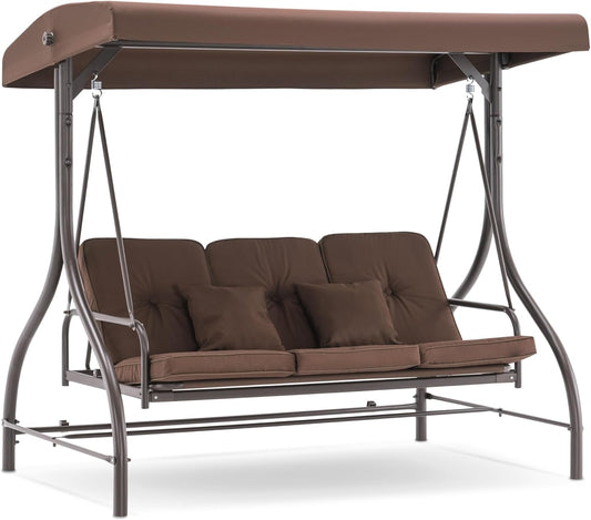 MCombo 3-Seat Outdoor Patio Swing Chair, 2-in-1 Convertible Porch Swing Glider Chair with Removable Cushions, Adjustable Canopy & Pillows for Backyard, Deck, Garden, 4068 (Brown)