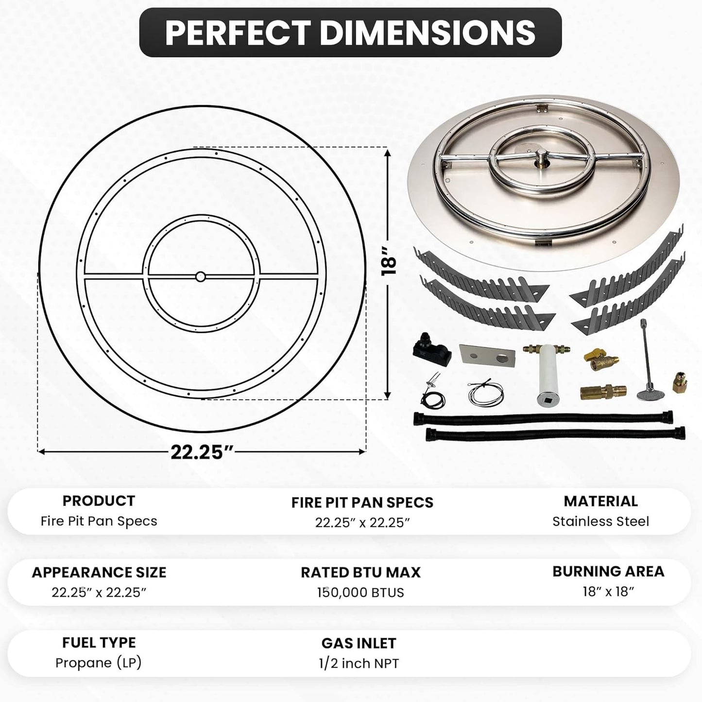 Stainless Steel Fire Pit Burner Pan & Ring Pro Kit for Liquid Propane, 22-Inch Pan, 18-Inch Ring, 150,000 BTU Max