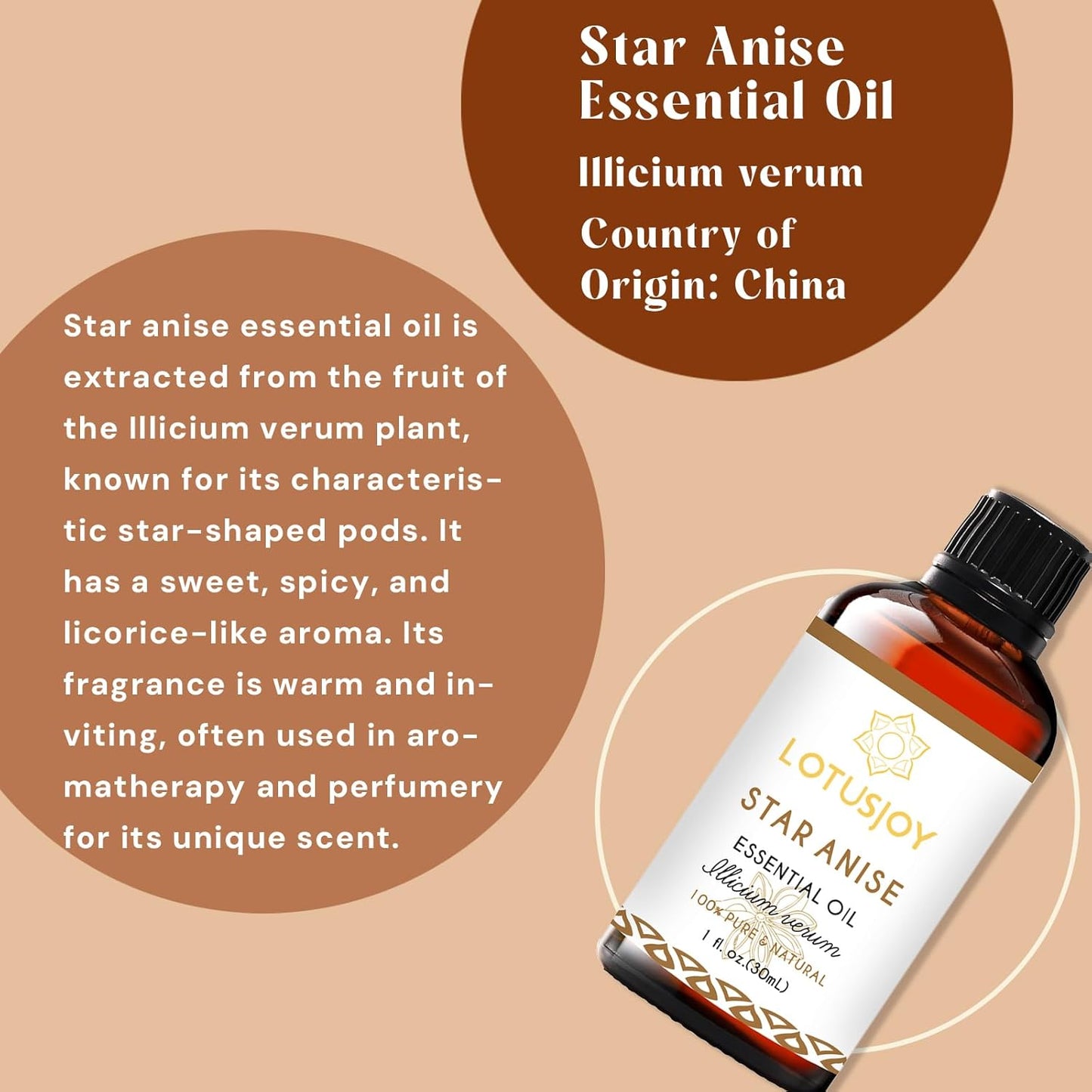Star Anise Oil, Pure Natural Essential Oil for Diffuser Candle Soap DIY Skin Hair - 1 Oz