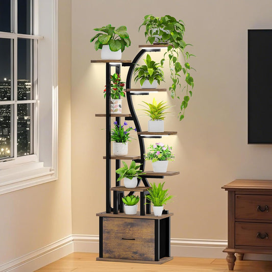 Plant Stand Indoor with Grow Lights - 9 Tiered Plant Shelf Indoor with Drawer, 65" Corner Plant Stand for Indoor Plants, Lighted Large Plant Stands, Flower Rack Display for Living Room, Garden, Patio