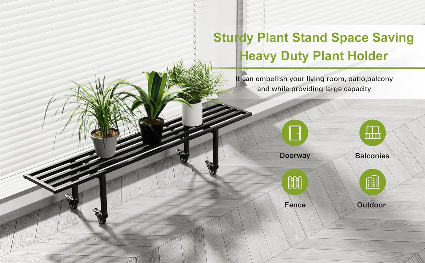 Zhongma One Tier Metal Plant Stand with Wheels,(45.67 L x 8.66 W x 10.3 H) Heavy Duty Plant Holder for Home, Window,Garden, Plant Lovers, Display Stand