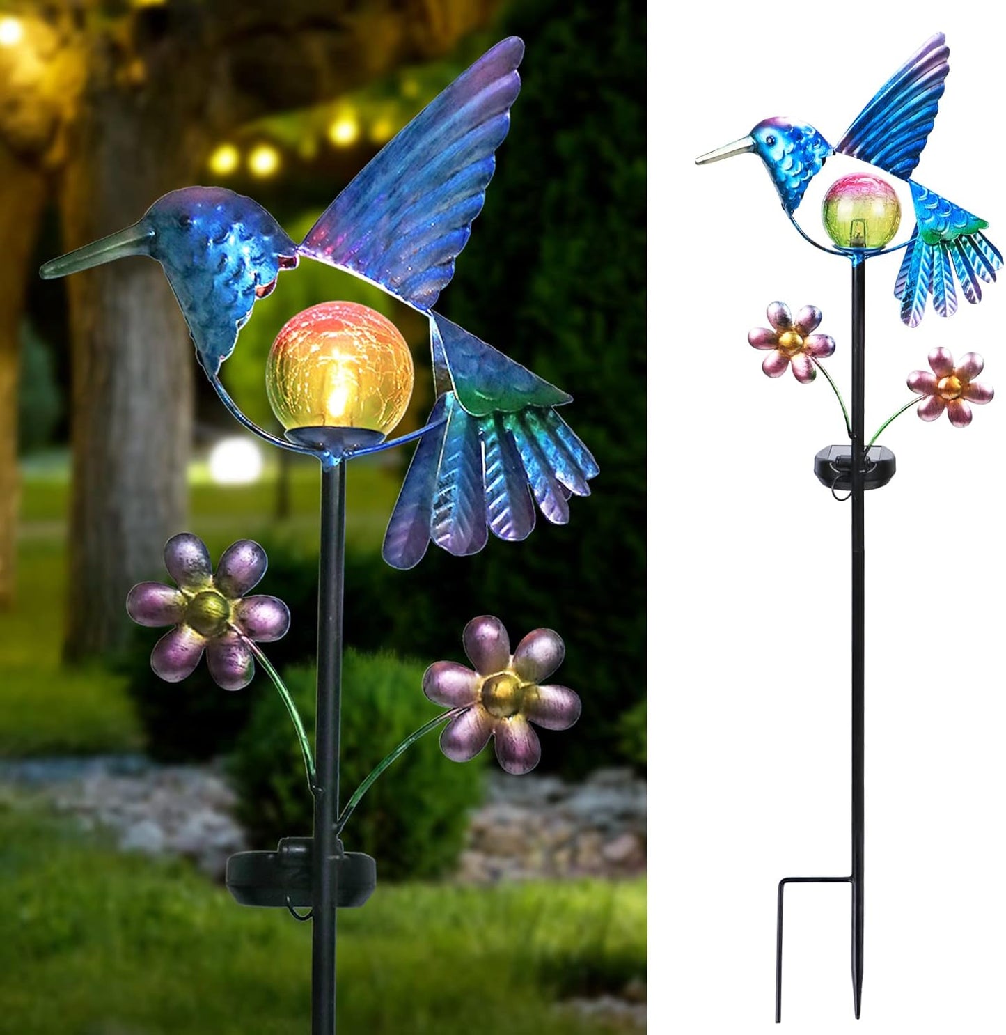 Afirst Solar Garden Stake Lights - Outdoor Waterproof Decorative Solar Hummingbird LED Warm Crackled Glass Globe Lights for Walkway, Pathway, Yard, Lawn