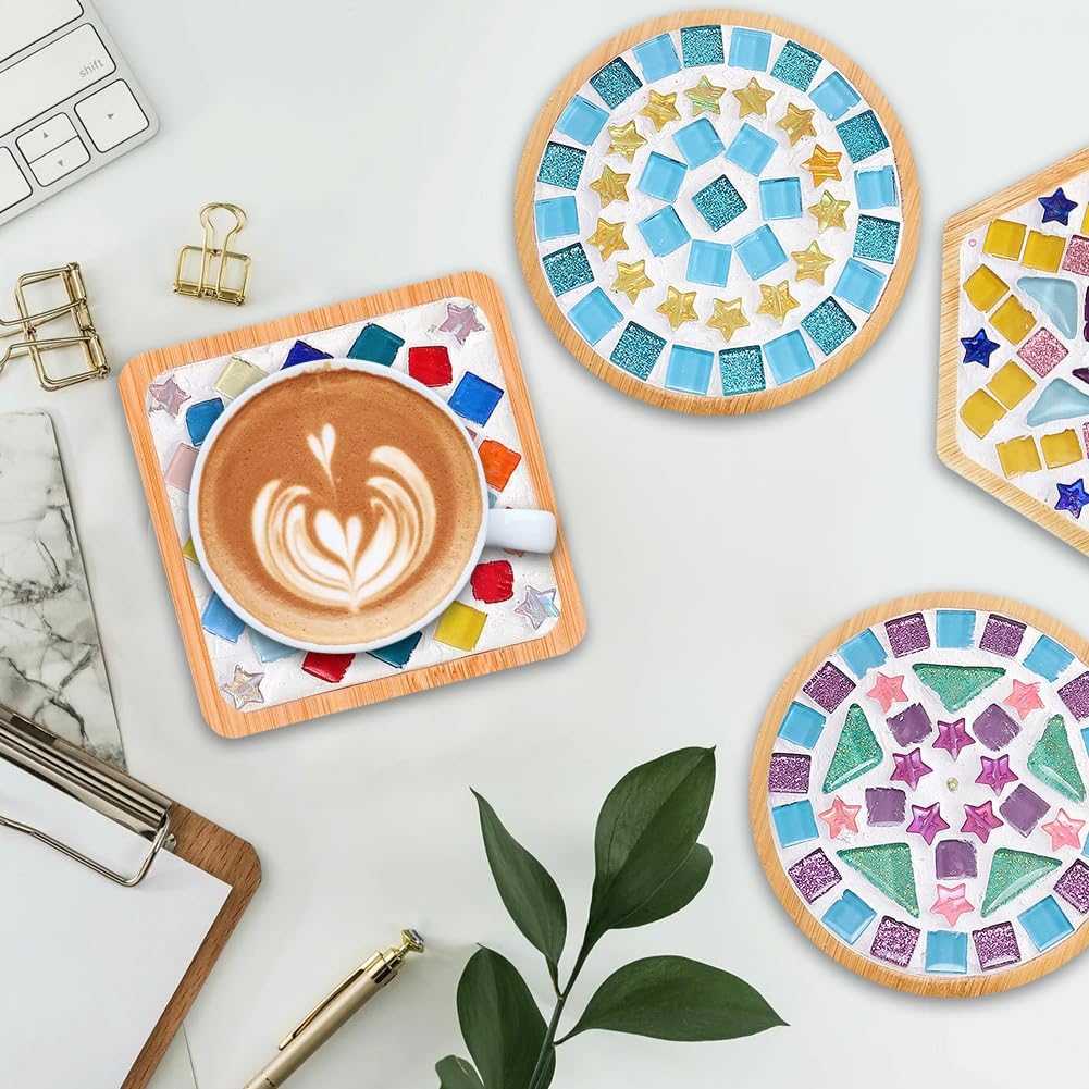 Ukontagood 8 Pcs DIY Mosaic Coasters for Crafts, Mosaic Tiles Coaster for Handmade Home Decoration, and Daily Presents, Mixed Color Mosaic Kits with Wooden Coaster