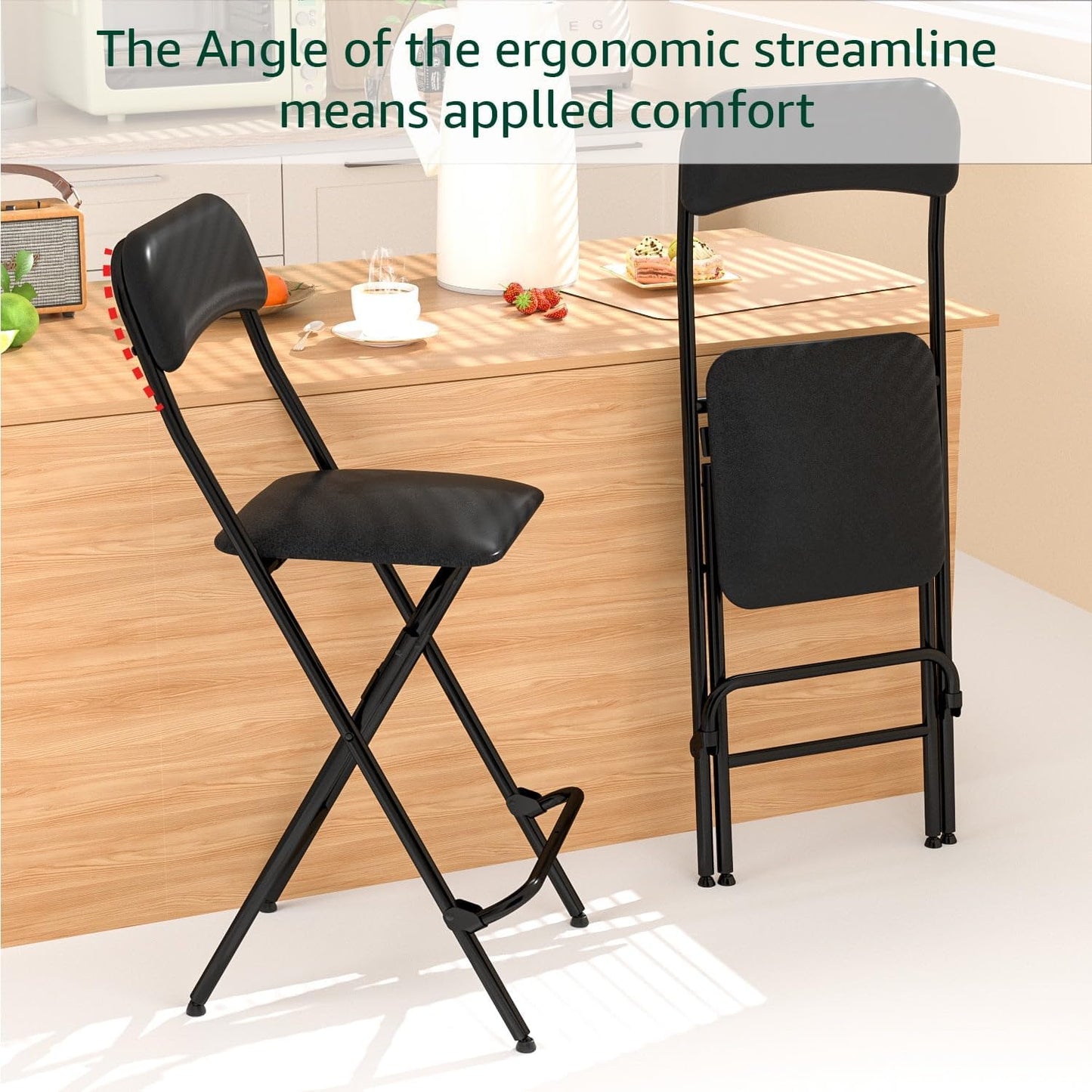 V&LX Folding Bar Stool with Backrest Leather Padded Portable Folding Stool Chair Counter Height Foldable Collapsible Stool for Kitchen Bar 2 Pack (Black, 25" H 2Pack)