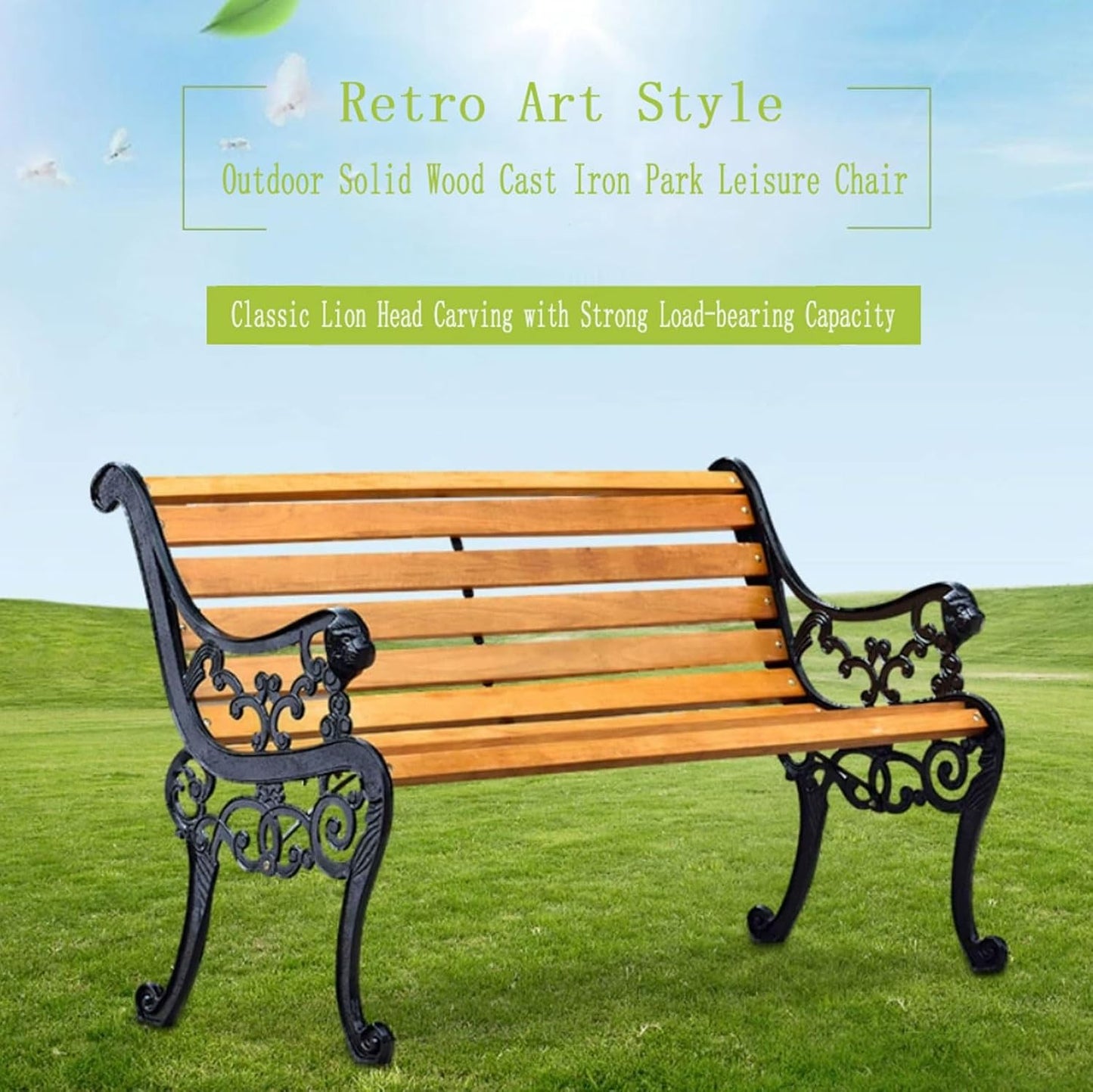 Outdoor Garden Bench with Waterproof Cover, Patio Park Lawn Solid Wood Bench with Cast Iron Frame, Patio Porch Furniture Bench with Backrest and Armrests for 2-3 People(Black)