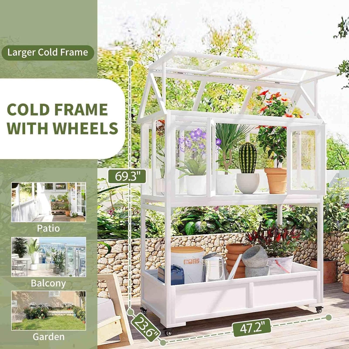 Wooden Cold Frame Greenhouse with Wheels, Portable Fir Garden Plant House with Storage Box, Openable Roof for Seedlings, Herbs, Winter Crops, Perfect for Patio, Balcony, Garden