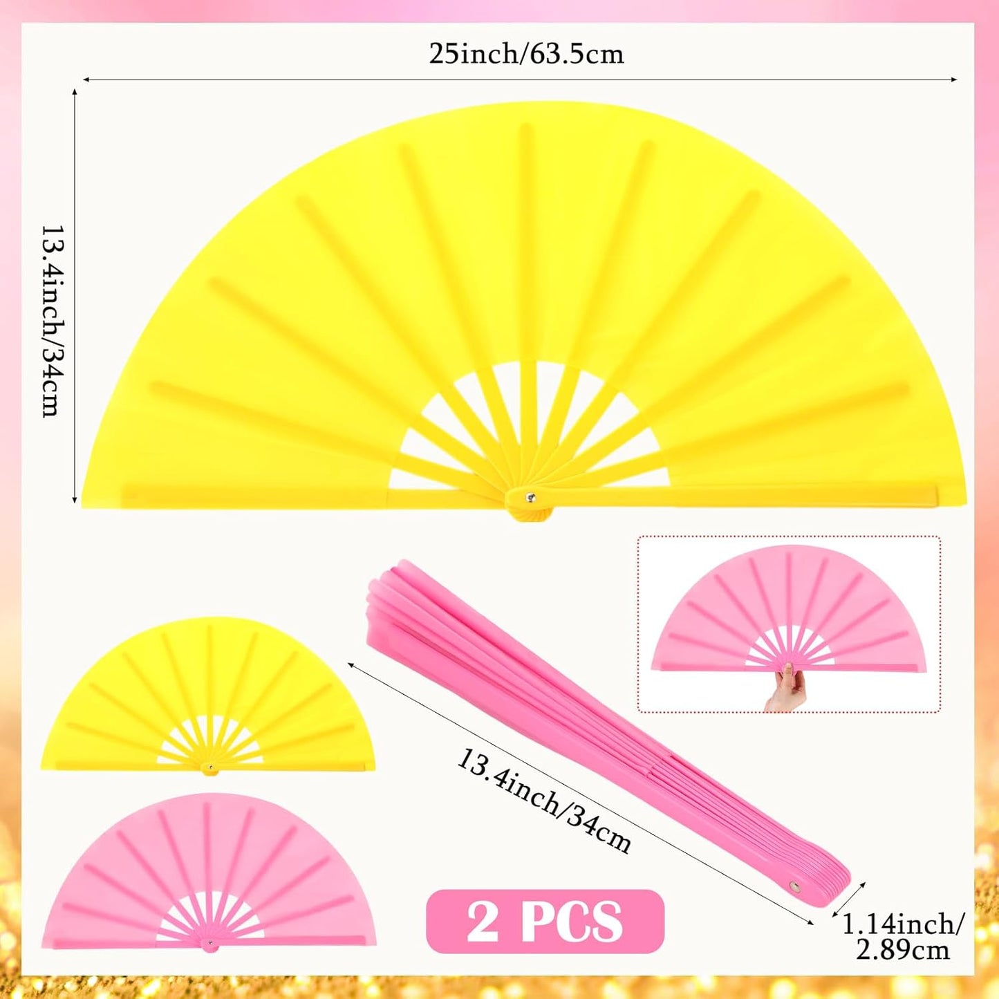 Maitys 2 Packs Large Clap Fans for Line Dancing Large Chinese Folding Hand Fans for Men and Women, Festival, Tai Ji, Kungfu, Martial Art, Gifts (Pink and Yellow)