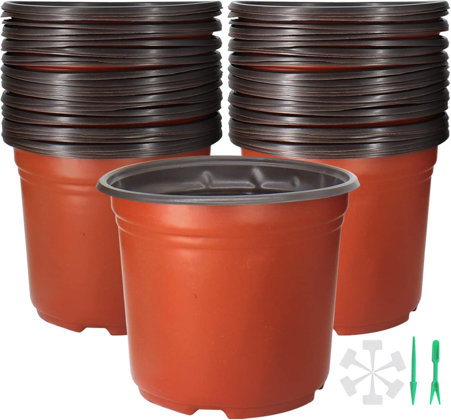 50 Pack 1 Gallon Plastic Plant Nursery Pots Thickened Soft Plastic Plant Pots with 50 Pcs Waterproof Plastic T-Type Plant Tags and 2Pcs/Set Transplanting Digging Mini Tools