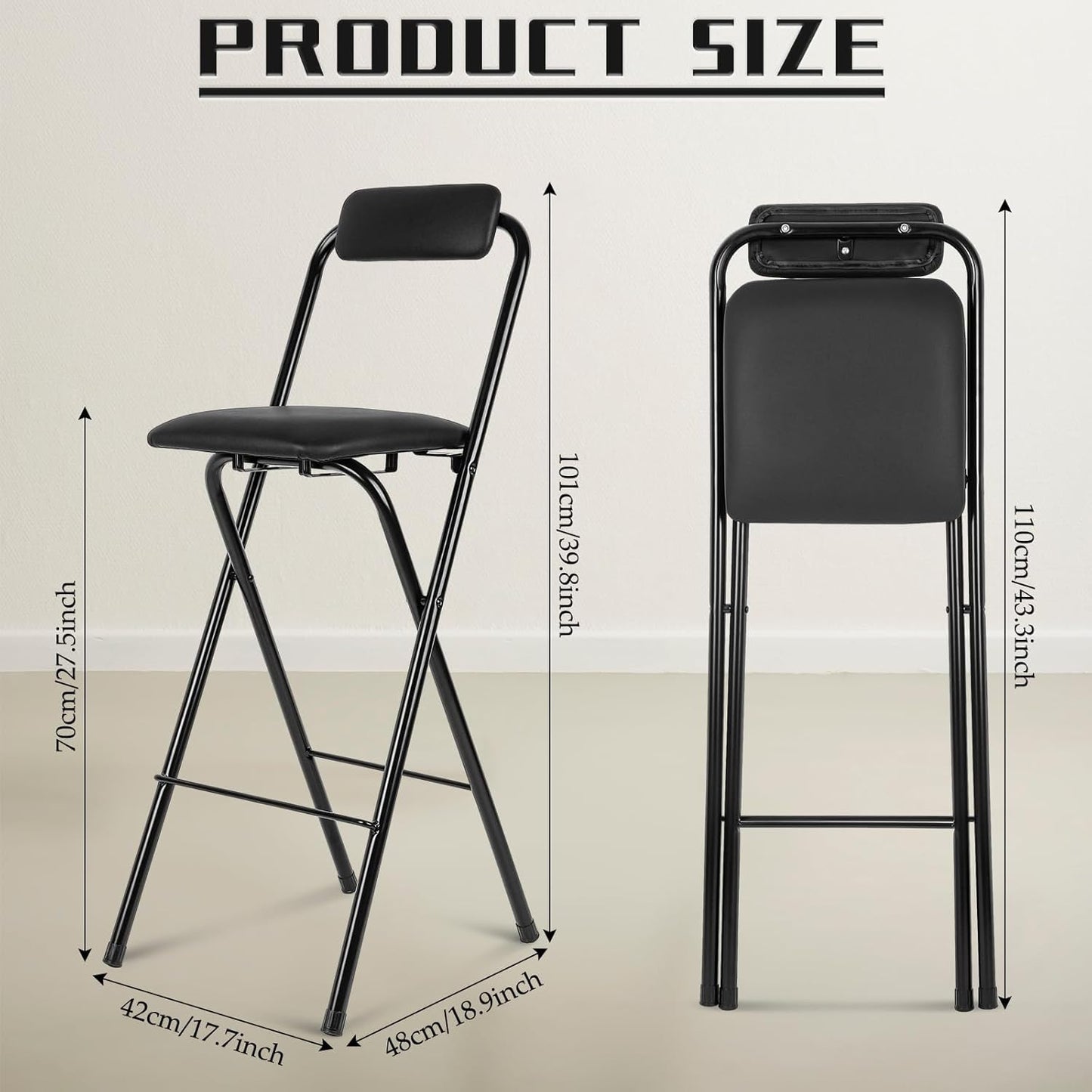 Thyle 1 Pcs Folding Bar Stool with Backrest, Tall Foldable Stool Chair Portable High Folding Bar Chair Counter Height Seat Leather Padded for Kitchen Island Shop Cafe Dining Room Black (27.5 Inch)