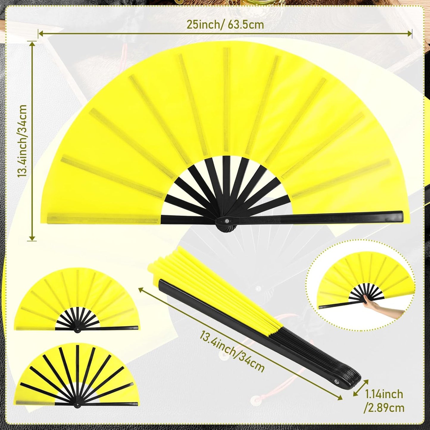 Maitys 2 Packs Large Clap Fans for Line Dancing Large Chinese Folding Hand Fans for Men and Women, Festival, Tai Ji, Kungfu, Martial Art, Gifts (Yellow)