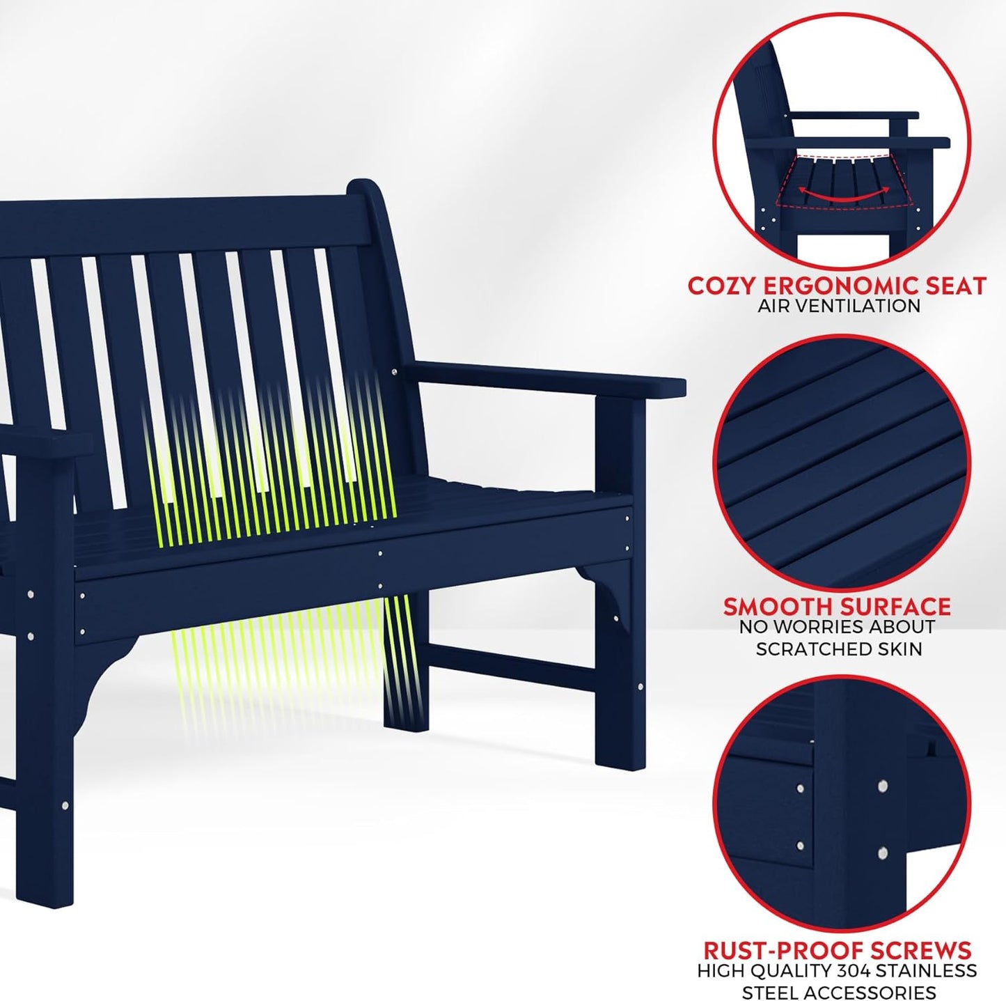 Garden Bench, Farmhouse Park Front Porch for Entryway Bench Outdoor Seating Low Bench Patio Bench Outside/Indoor, Navy Blue